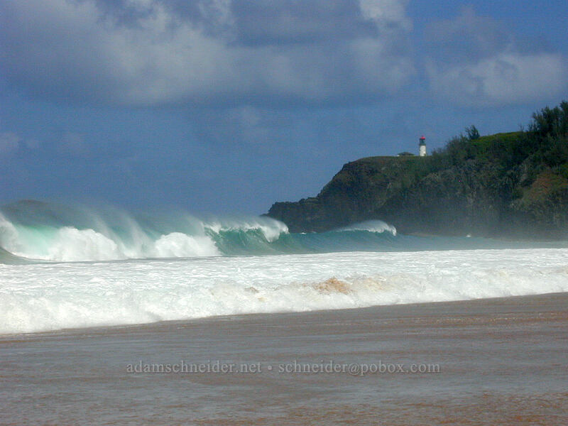 big waves and Kilauea Lighthouse [Kauapea Beach, Kilauea, Kaua'i, Hawaii]