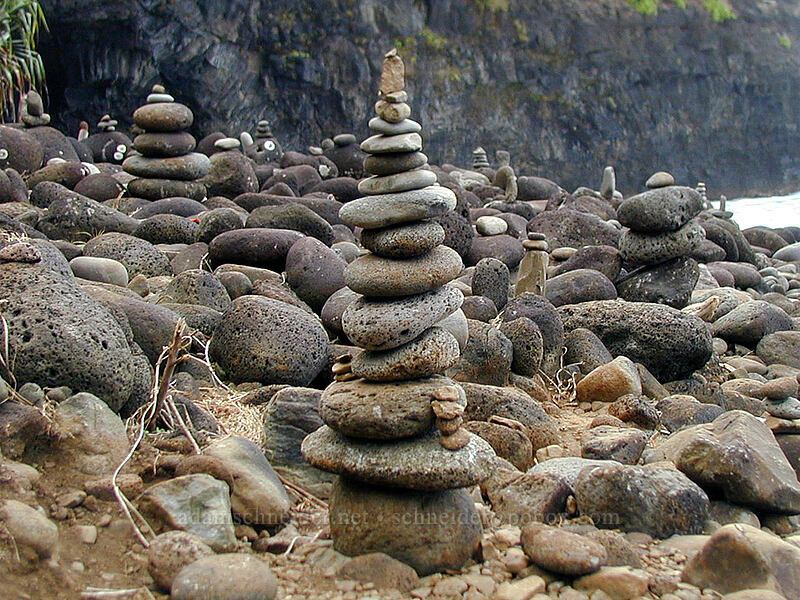 piles of stones [Hanakapi'ai Beach, Na Pali Coast State Park, Kaua'i, Hawaii]