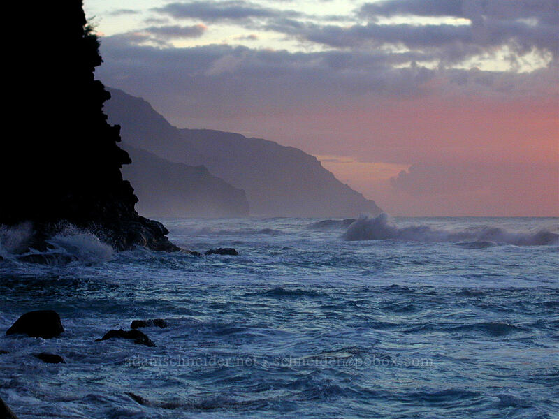 sunset with ocean cliffs [Ke'e Beach, Ha'ena State Park, Kaua'i, Hawaii]