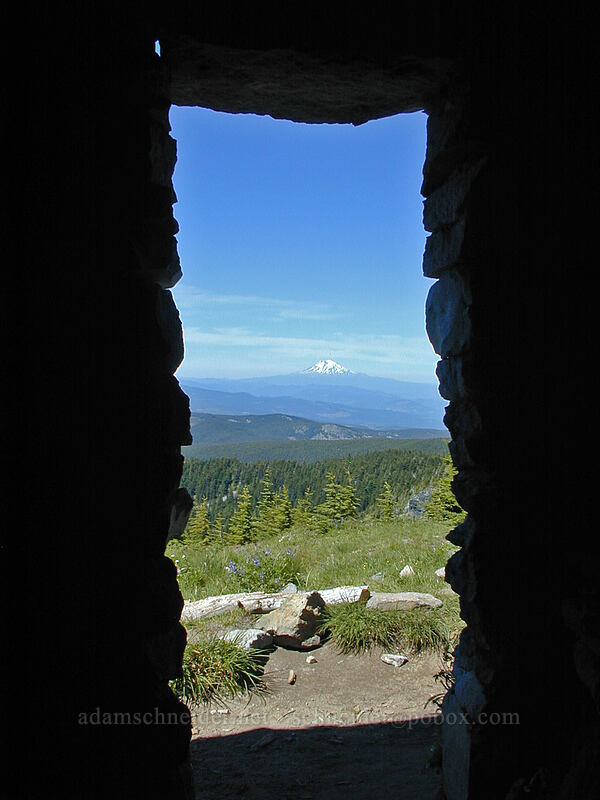 Mt. Adams from inside the stone shelter [McNeil Point, Mt. Hood Wilderness, Clackamas County, Oregon]