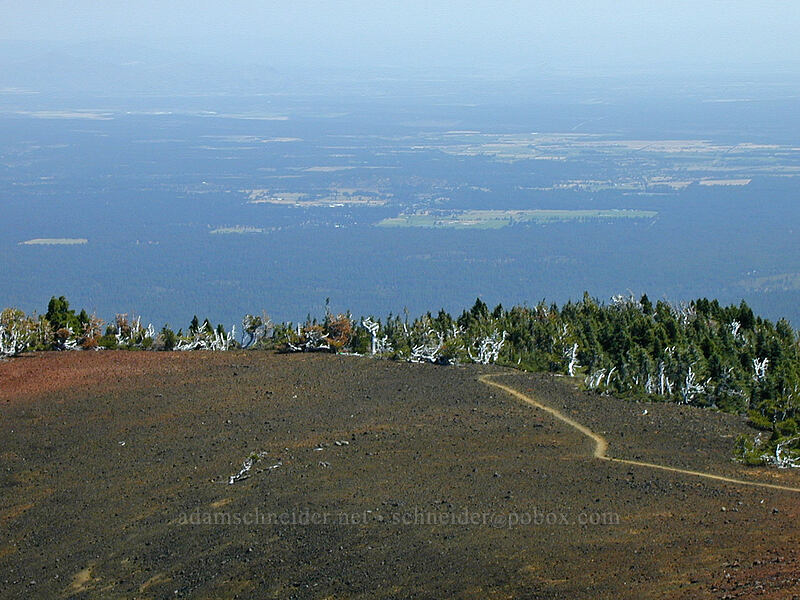 view toward the town of Sisters [Black Crater summit, Three Sisters Wilderness, Deschutes County, Oregon]