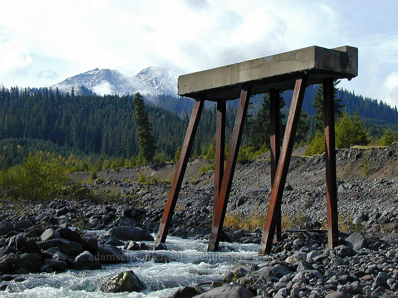 washed-out bridge support & Mount St. Helens [Southern Smith Creek trailhead, Mt. St. Helens N.V.M., Skamania County, Washington]