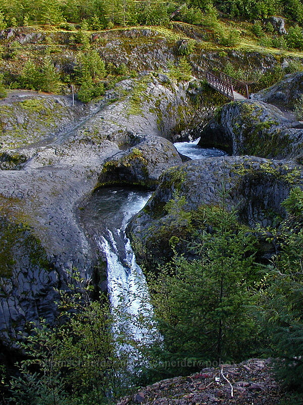 waterfall & footbridge [Lava Canyon Trail, Mt. St. Helens N.V.M., Skamania County, Washington]