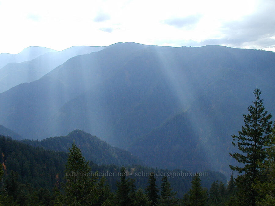 sunbeams in the Eagle Creek Valley [Ruckel Ridge Trail, Columbia River Gorge, Hood River County, Oregon]