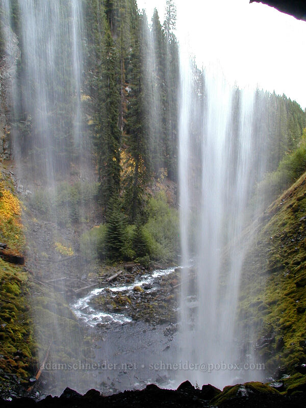 Tamanawas Falls from behind [Tamanawas Falls rock shelter, Mt. Hood National Forest, Hood River County, Oregon]