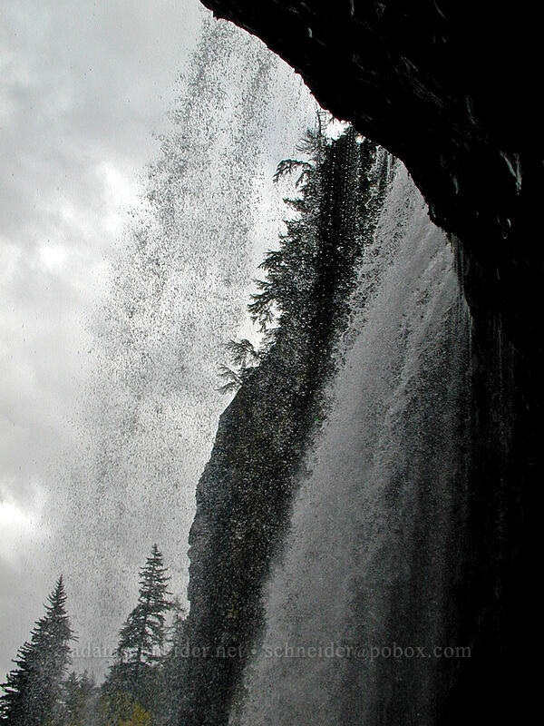 Tamanawas Falls from below [Tamanawas Falls rock shelter, Mt. Hood National Forest, Hood River County, Oregon]