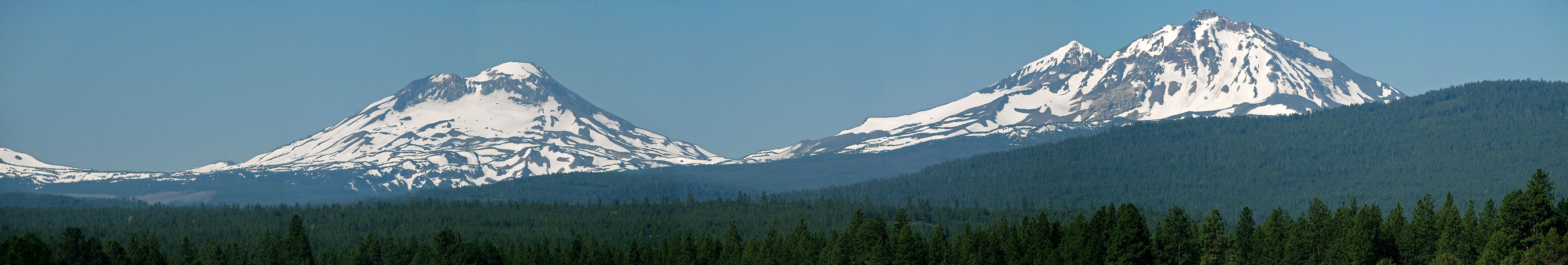 Three Sisters panorama, morning [Highway 242, Sisters, Deschutes County, Oregon]