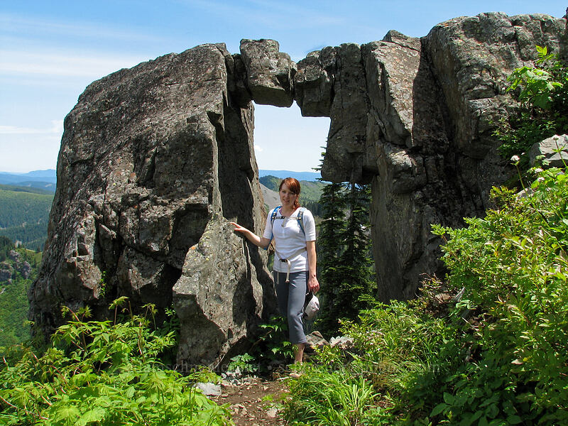 Teresa at the rock arch [Ed's Trail, Silver Star Mountain, Gifford Pinchot Nat'l Forest, Skamania County, Washington]