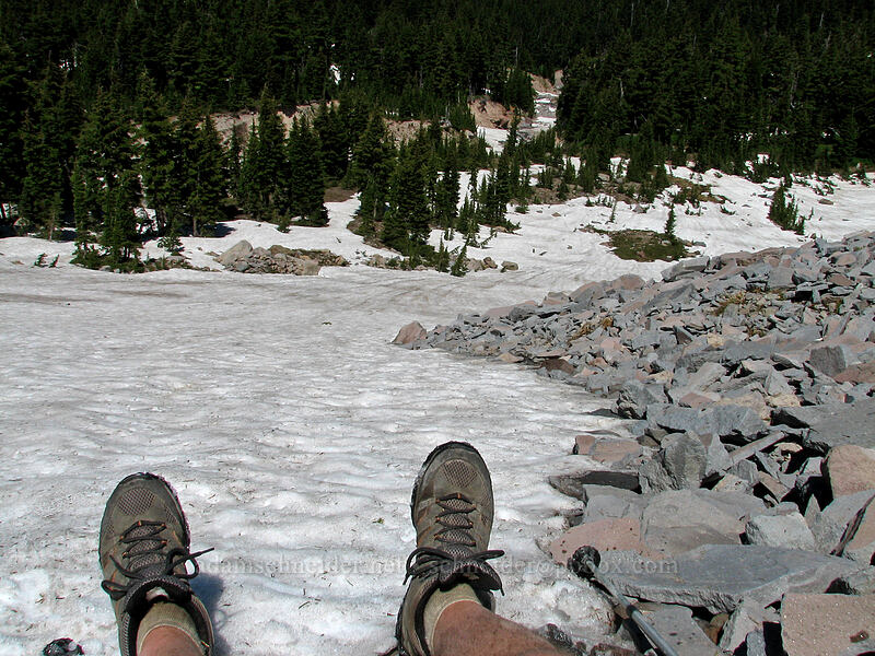 taking a break before the descent [above Cairn Basin, Mt. Hood Wilderness, Hood River County, Oregon]