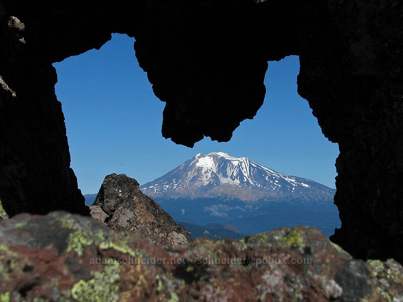 Mount Adams through a hole in the rock [Lemei Rock, Indian Heaven Wilderness, Skamania County, Washington]