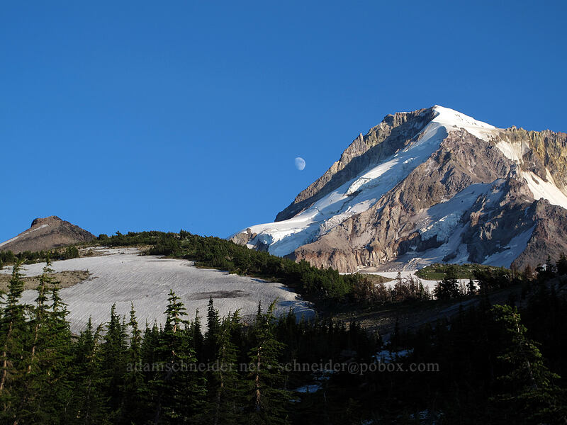 Barrett Spur, Mount Hood, & the moon [Vista Ridge Trail, Mt. Hood Wilderness, Hood River County, Oregon]