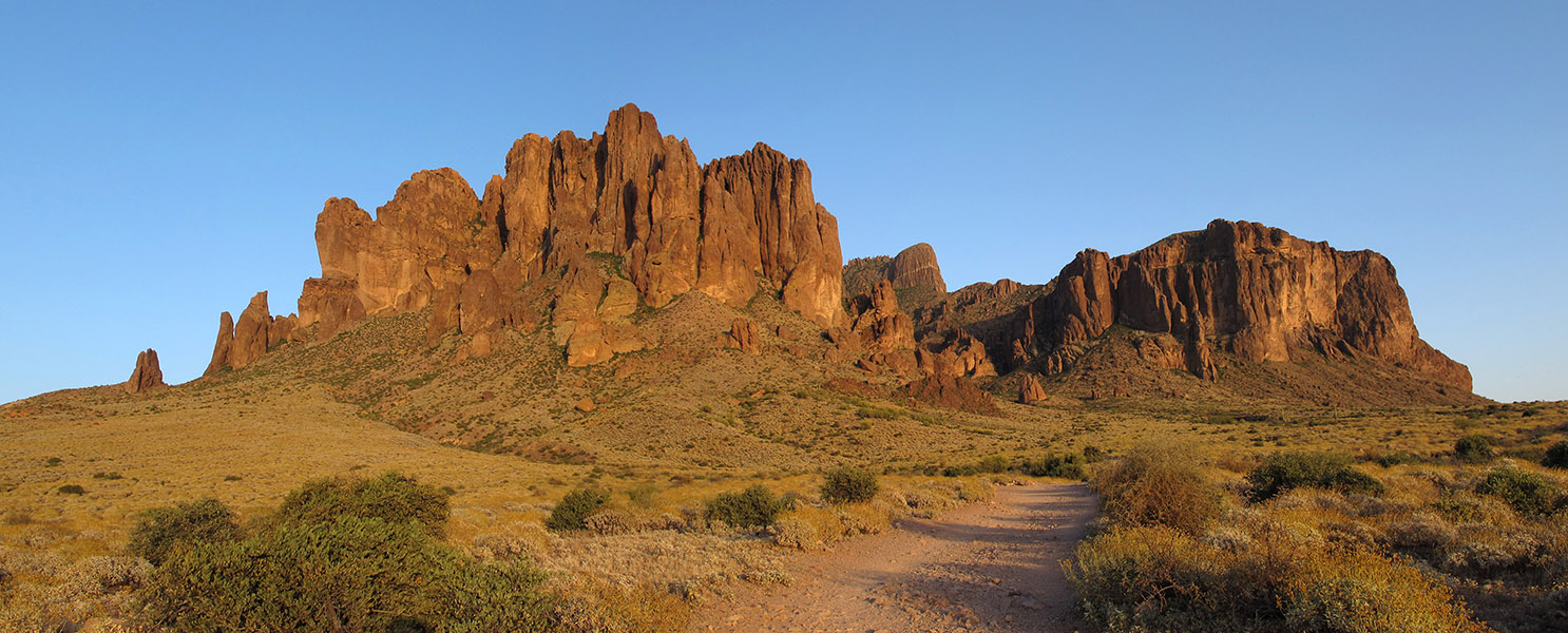 Superstition Mountain sunset panorama [Siphon Draw Trail, Tonto National Forest, Pinal County, Arizona]