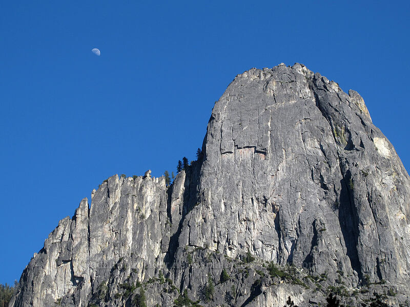 Sentinel Rock & the moon [Swinging Bridge, Yosemite National Park, Mariposa County, California]