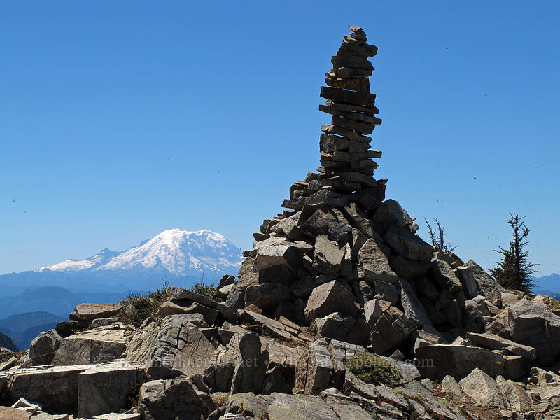 summit cairn & Mt. Rainier [Alta Mountain summit, Alpine Lakes Wilderness, Kittitas County, Washington]
