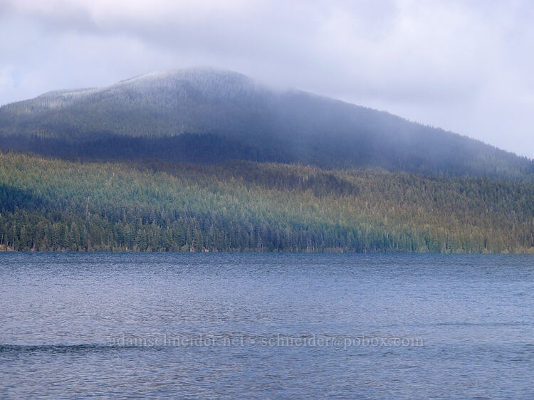 low rainbow over Odell Lake & fresh snow on Maklaks Mountain [Shelter Cove, Deschutes National Forest, Klamath County, Oregon]