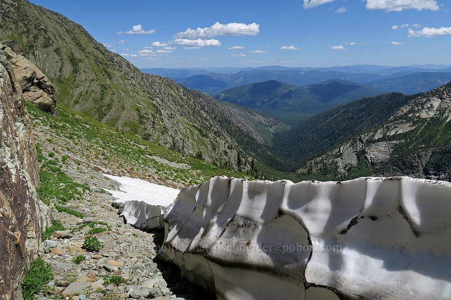 top of a snowfield [above Leigh Lake, Cabinet Mountains Wilderness, Lincoln County, Montana]