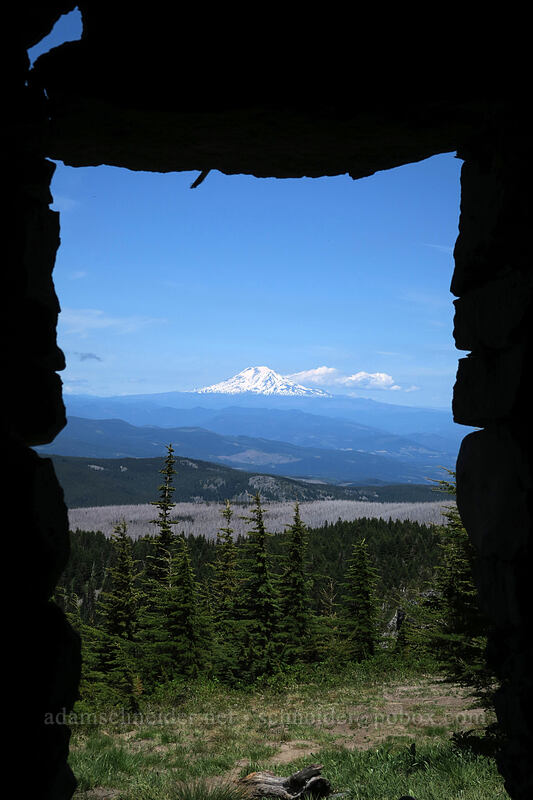 Mount Adams from inside the shelter [McNeil Point, Mt. Hood Wilderness, Clackamas County, Oregon]