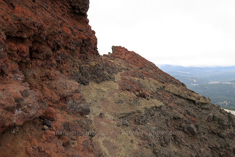 ledge on the west side of the summit block [Broken Top climber's trail, Three Sisters Wilderness, Deschutes County, Oregon]