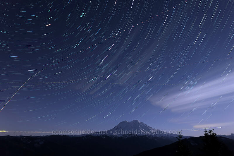 Mt. Rainier & star trails (and airplanes) [High Hut, Tahoma State Forest, Lewis County, Washington]