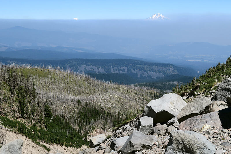 Mt. Rainier, Mt. Adams, & smoke [Eliot Glacier east moraine, Mt. Hood Wilderness, Hood River County, Oregon]
