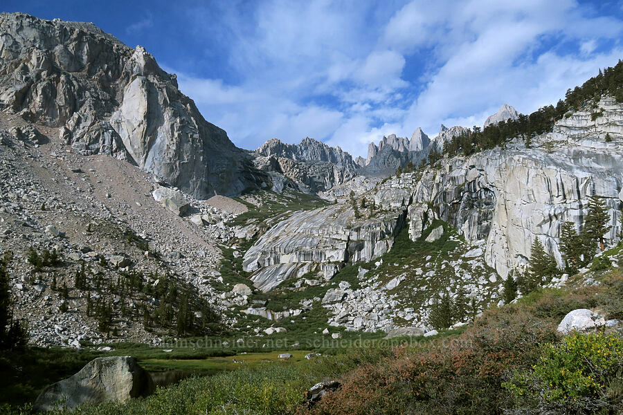 cliffs above Lower Boy Scout Lake [Mt. Whitney Mountaineer's Route, John Muir Wilderness, Inyo County, California]