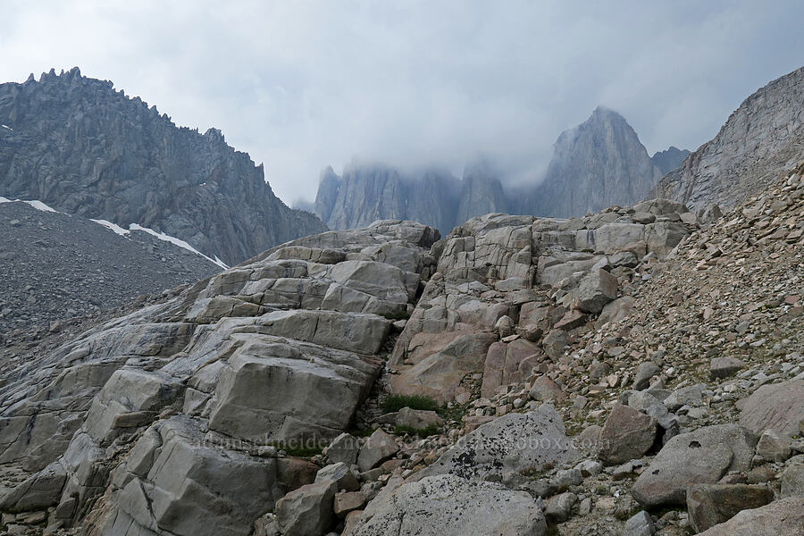 Mount Whitney emerging from a thunderstorm [Mt. Whitney Mountaineer's Route, John Muir Wilderness, Inyo County, California]