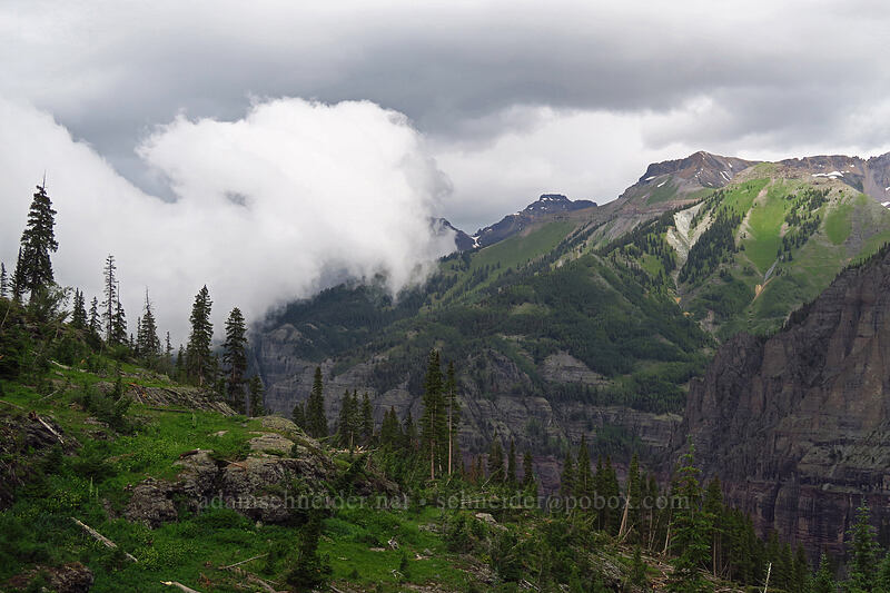 storm clouds filling Telluride Valley [Bridal Veil Trail, Uncompaghre National Forest, San Miguel County, Colorado]