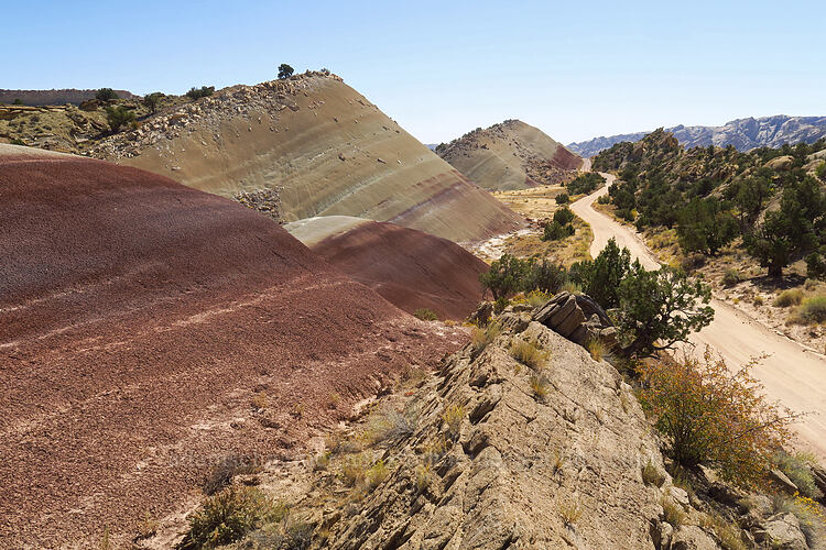 tilted Morrison Formation layers [Notom-Bullfrog Road, Capitol Reef National Park, Garfield County, Utah]