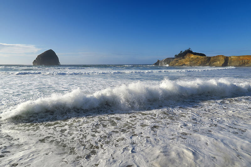 Haystack Rock, Cape Kiwanda, & colliding waves [Kiwanda Beach, Tillamook County, Oregon]