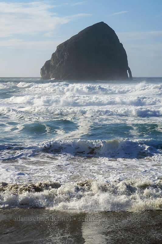 Haystack Rock & high surf [Kiwanda Beach, Tillamook County, Oregon]