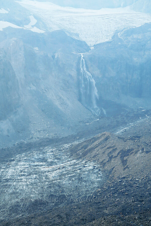 Wilson Glacier Falls & Nisqually Glacier through smoke [Glacier Vista Trail, Mt. Rainier National Park, Pierce County, Washington]