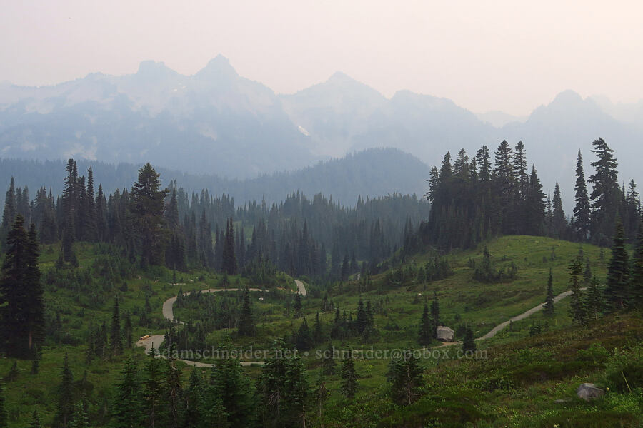 Tatoosh Range through smoke [Dead Horse Creek Trail, Mt. Rainier National Park, Pierce County, Washington]