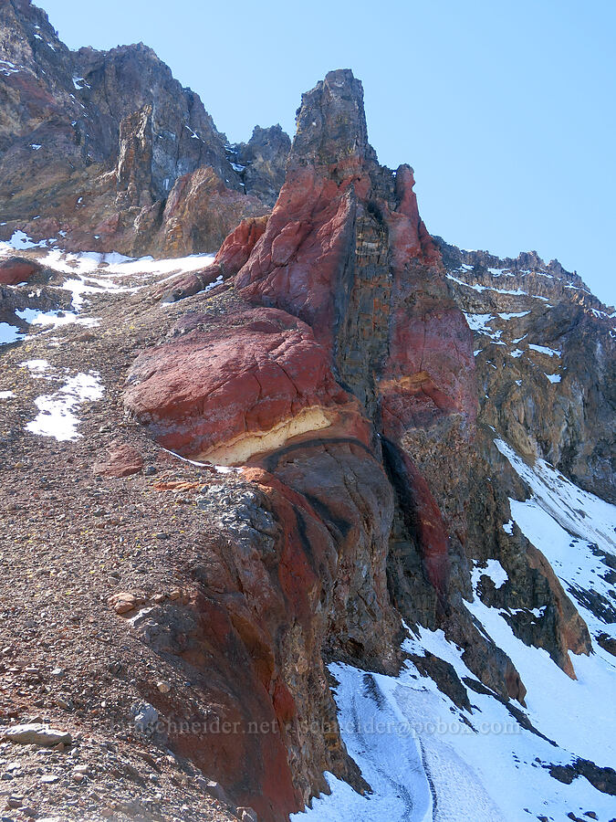 colorful rock on Broken Top [east of Broken Top, Three Sisters Wilderness, Deschutes County, Oregon]