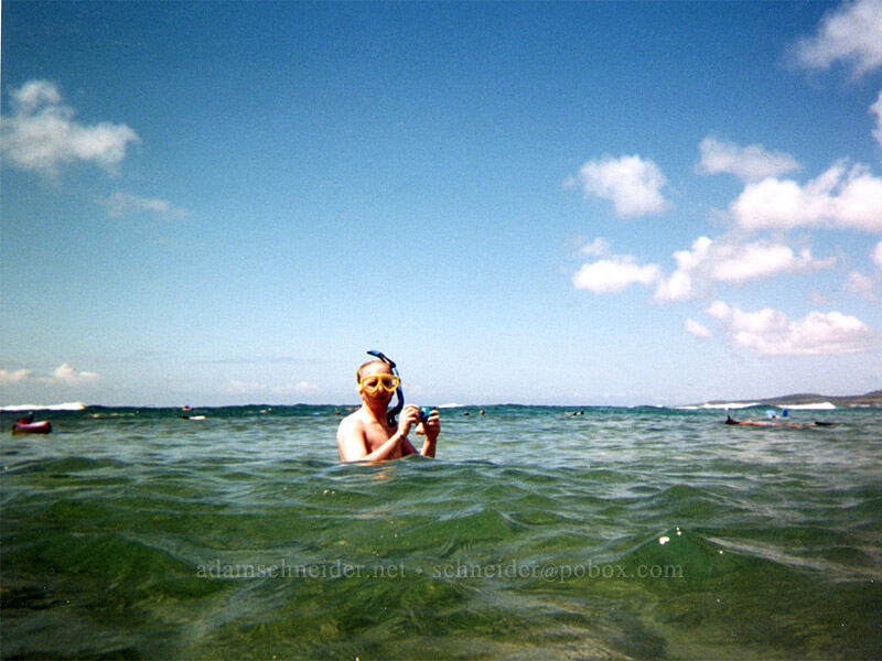 Adam surrounded by a school of snorkelers [Po'ipu Beach Park, Po'ipu, Kaua'i, Hawaii]