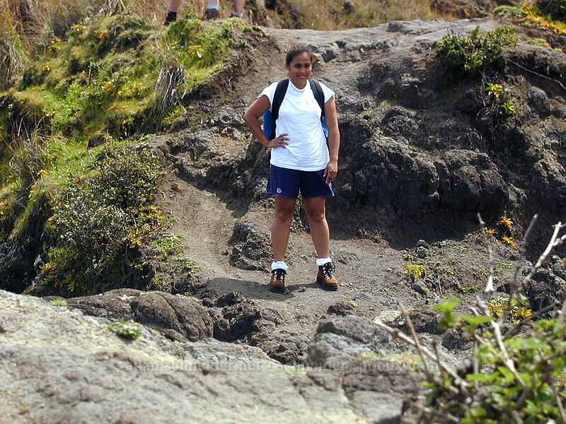 Ana Liza contemplating risking life and limb for a better view [Awa'awaphui Trail, Koke'e State Park, Kaua'i, Hawaii]