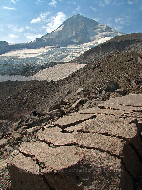 Mount Hood & fractured igneous rock [west moraine of Eliot Glacier, Mt. Hood Wilderness, Hood River County, Oregon]