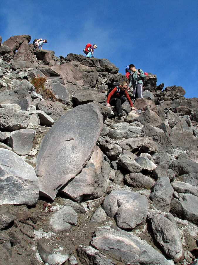 climbing down boulders [Monitor Ridge, Mt. St. Helens National Volcanic Monument, Skamania County, Washington]