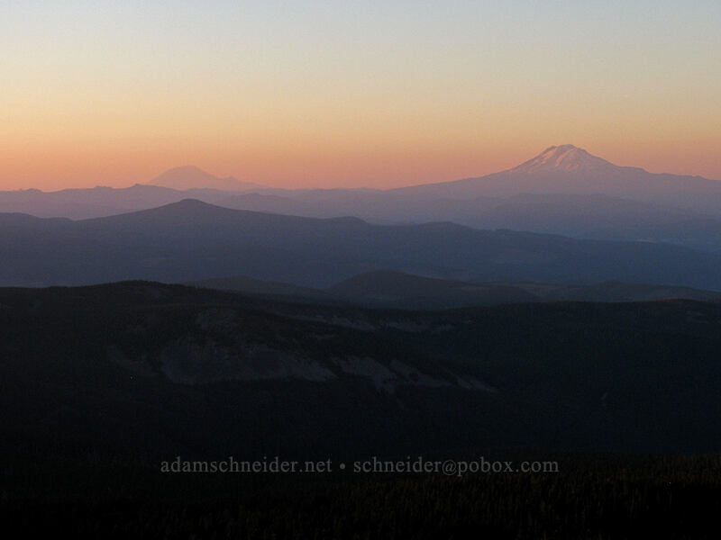 Mount Rainier & Mount Adams at sunset [above Wy'East Basin, Mt. Hood Wilderness, Hood River County, Oregon]
