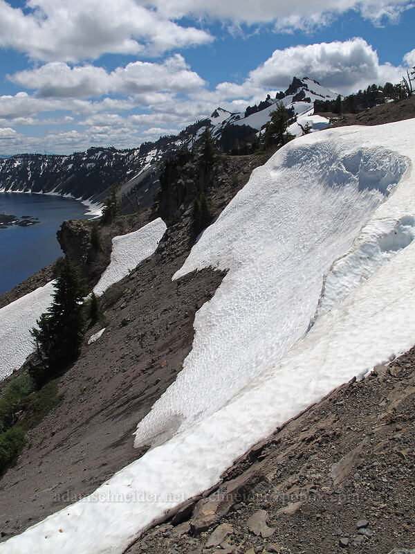 steep snowfields and Hillman Peak [Rim Drive, Crater Lake National Park, Klamath County, Oregon]