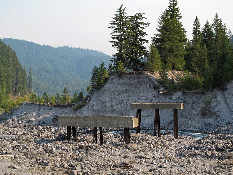 washed-out bridge supports [Muddy River, Mt. St. Helens National Volcanic Monument, Washington]