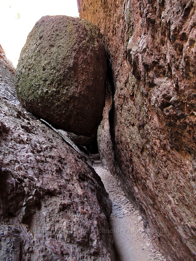rock wedged in a narrow canyon [Balconies Cave, Pinnacles National Park, San Benito County, California]