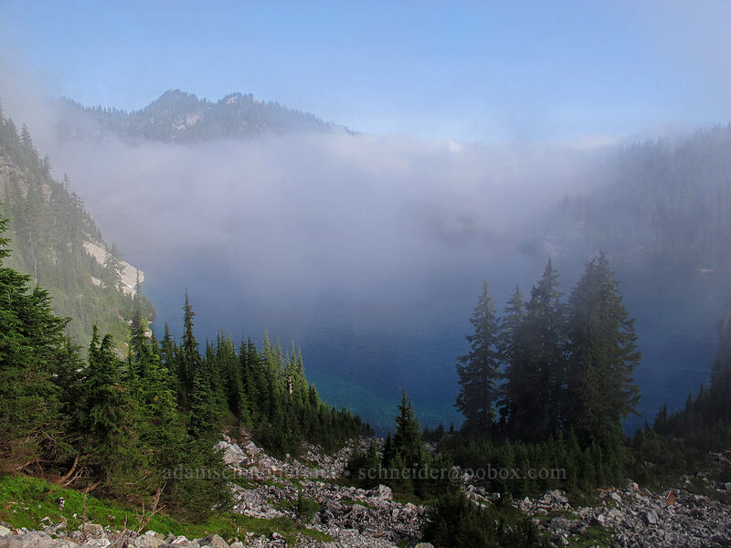 Snow Lake & fog [Snow Lake Trail, Alpine Lakes Wilderness, King County, Washington]