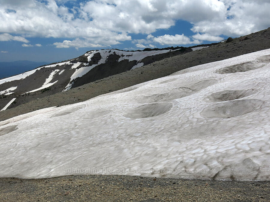 cratered snowfield [north of Mud Creek Canyon, Mount Shasta Wilderness, Siskiyou County, California]