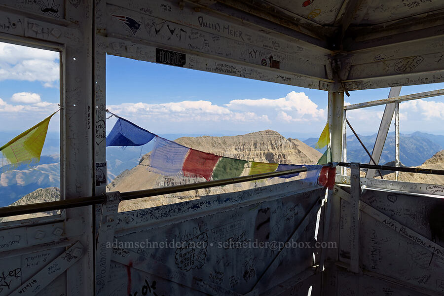 view from inside the summit shelter [Timpanogos Summit Trail, Mount Timpanogos Wilderness, Utah County, Utah]