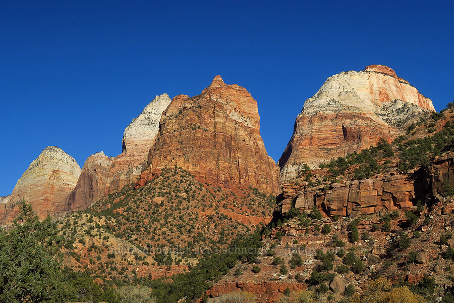 Mountain of the Sun, Twin Brothers, Mt. Spry, & East Temple [Zion Park Boulevard, Zion National Park, Washington County, Utah]