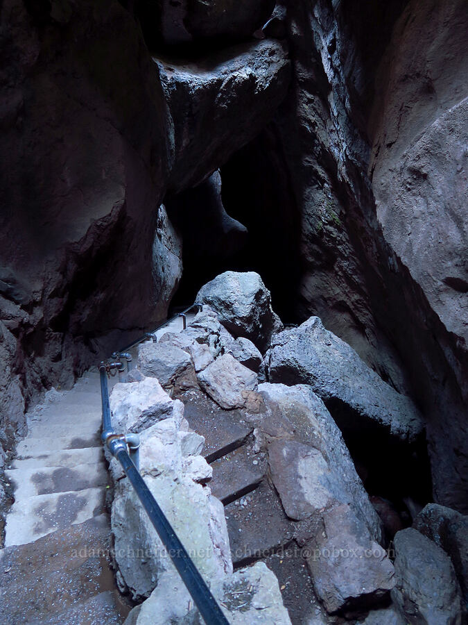 zigzag stairs [Bear Gulch Cave, Pinnacles National Park, San Benito County, California]