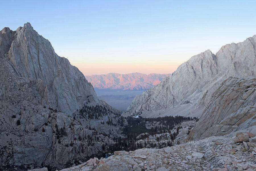 view to the east at sunset [Mount Whitney Trail, John Muir Wilderness, Inyo County, California]