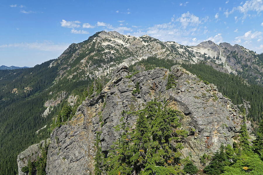 Guye Peak's middle & north summits (and Snoqualmie Mountain) [south summit of Guye Peak, Alpine Lakes Wilderness, King County, Washington]