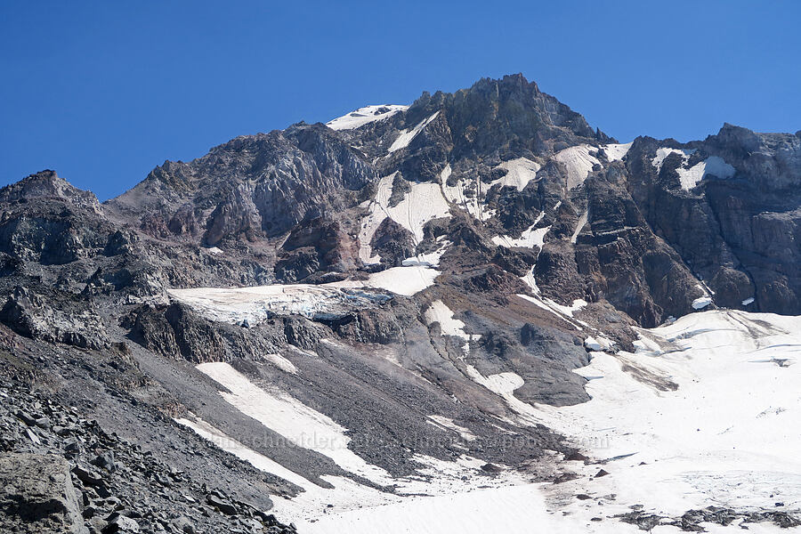 Mount Hood's summit & Little Sandy Glacier [Cathedral Ridge, Mt. Hood Wilderness, Clackamas County, Oregon]