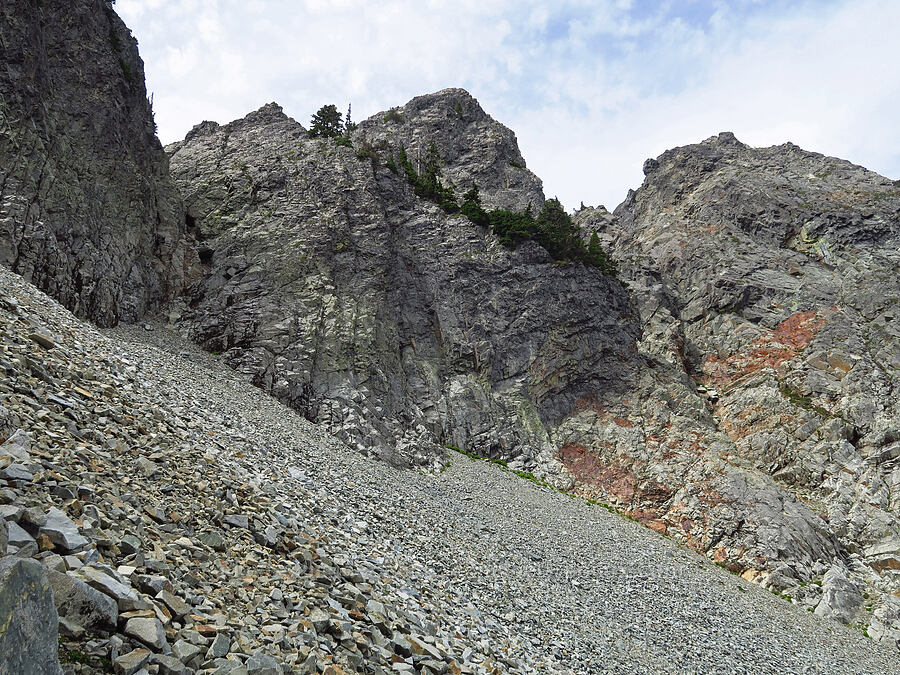 talus basin below Chair Peak's summit ridge [below Chair Peak, Alpine Lakes Wilderness, King County, Washington]